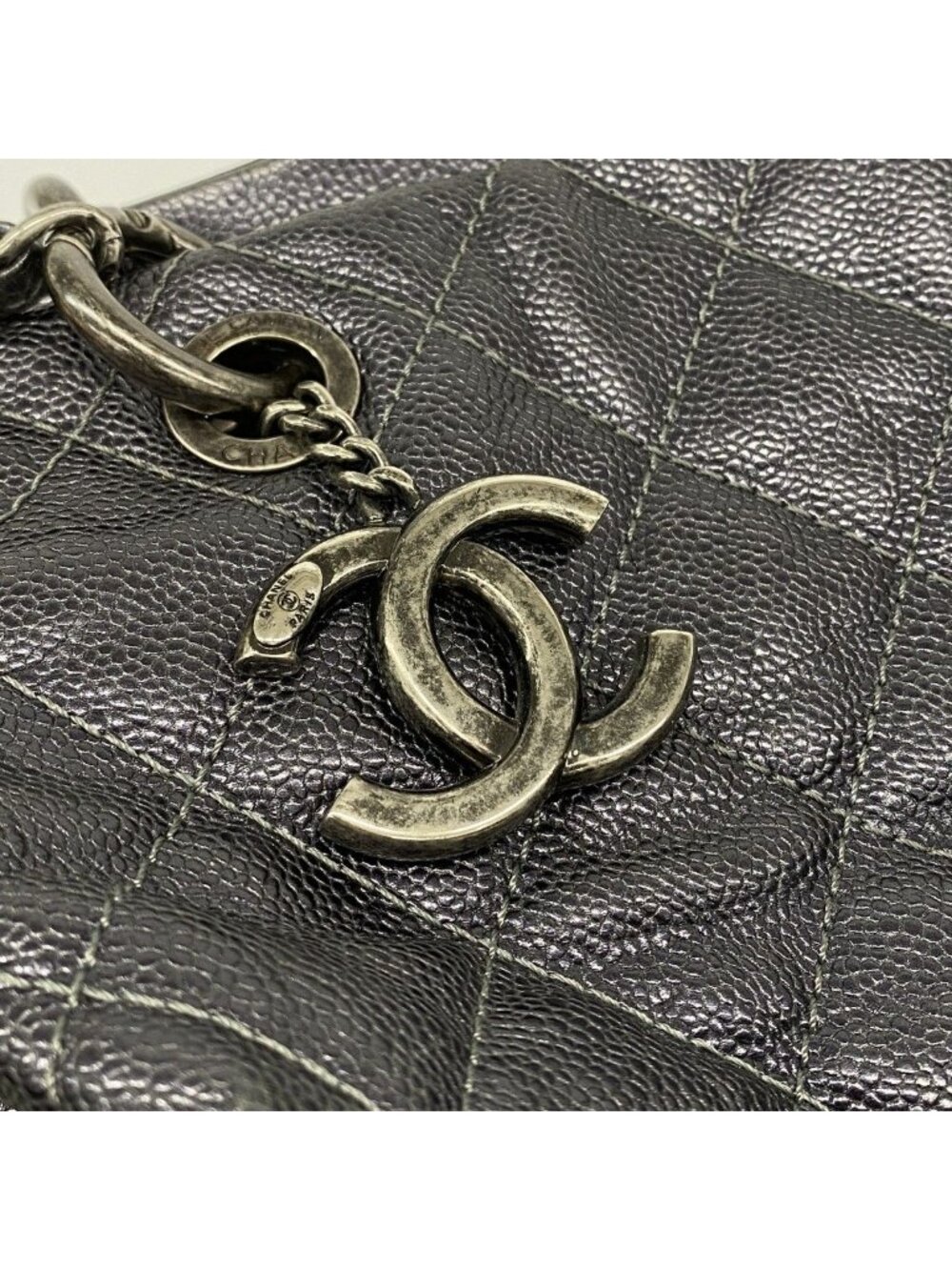Chanel Chain Tote Quilted Caviar Leather Dark Gray Silver - Picture 10 of 10
